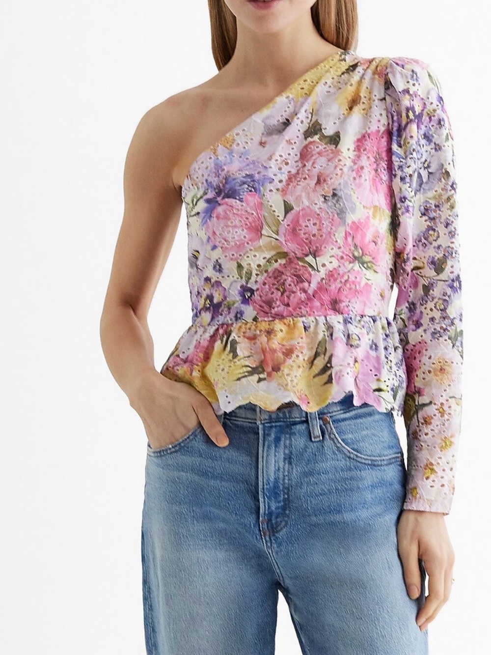 Express One-Shoulder Floral Eyelet Peplum Top in Pink, Yellow & Purple